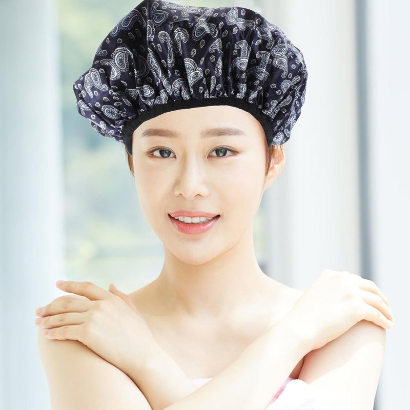Waterproof Bath Cap For Women Large Blue Paisley Hair Drying Hat Travel Shower Bonnet - Image 3